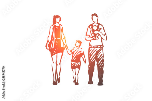 Parents, kids, baby, happiness, family concept. Hand drawn isolated vector.