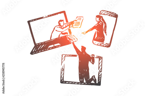 Online, information, change, connection, chatting concept. Hand drawn isolated vector.