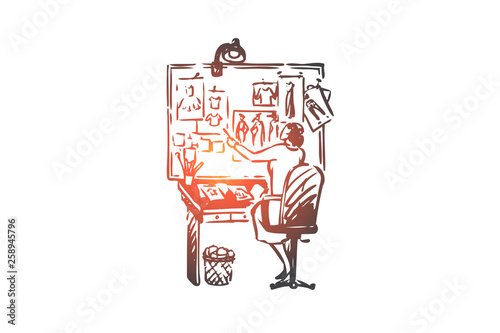 Work, fashion designer, couturier, fabric concept. Hand drawn isolated vector.