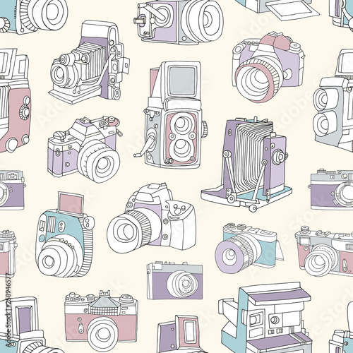 Принти на полотні Seamless pattern with film and digital photographic or photo cameras on light ba