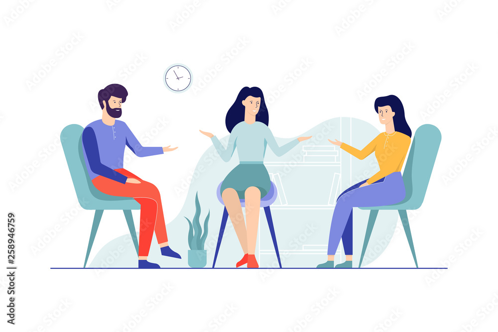 Family couple sitting on the chairs talking to female Family couple sitting on the chairs talking to female