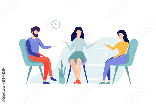 Family couple sitting on the chairs talking to female