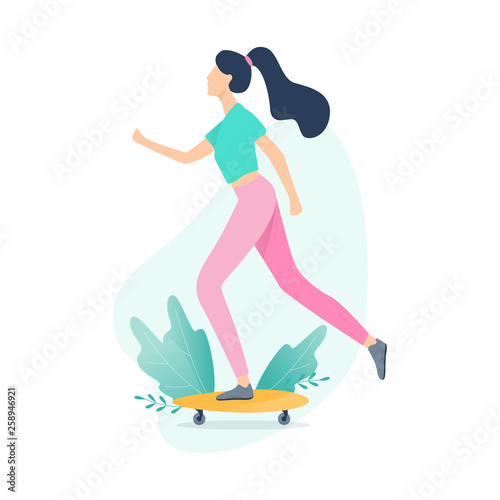 Happy young girl skateboarding