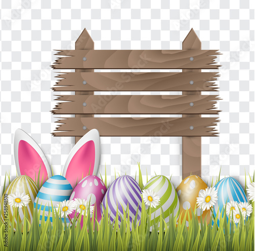 Easter background with realistic 3d colorful eggs, wooden white sign, and daisy flowers on transparent backdrop. Vector illustration.