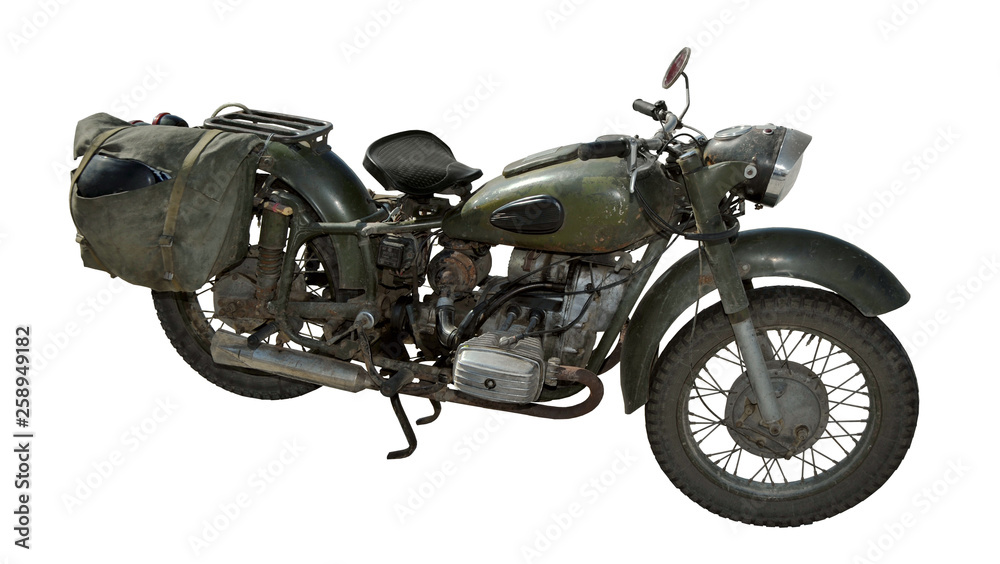 Old Soviet motorcycle, on an isolated white background since the Second World War Old Soviet motorcycle, on an isolated white background since the Second World War