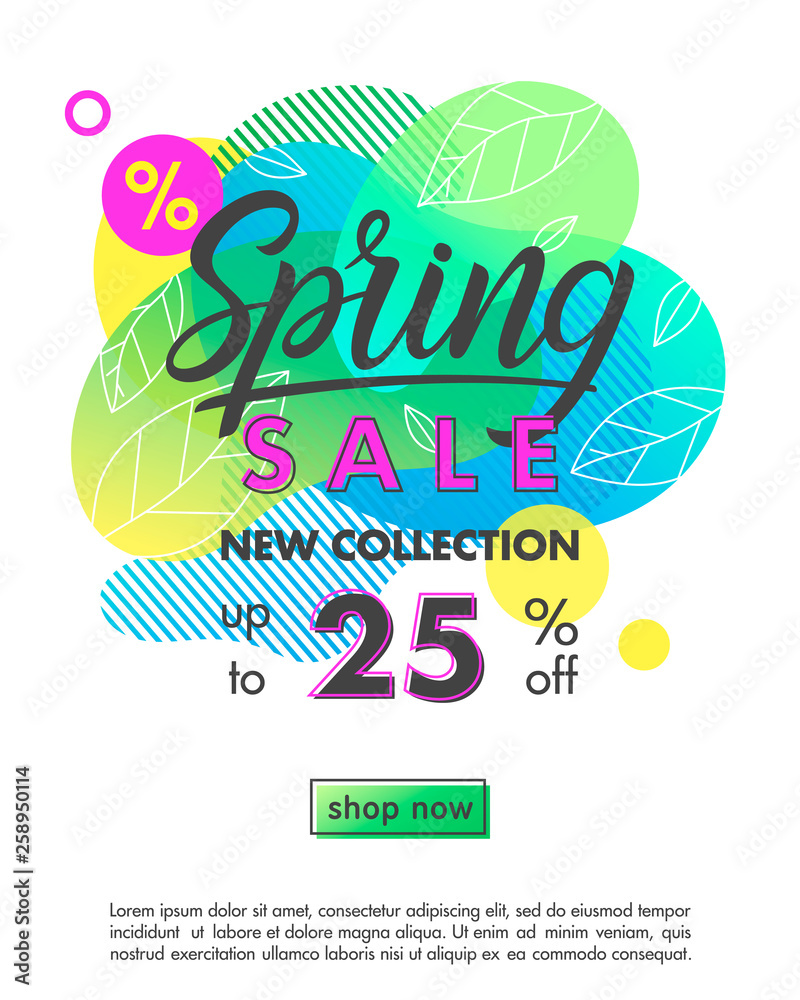 Spring sale banner.Trendy layout with bright liquid shapes,tiny leaves and geometric elements.Sale poster perfect for prints, flyers banners, promotional ad, special offers.Vector illustration.