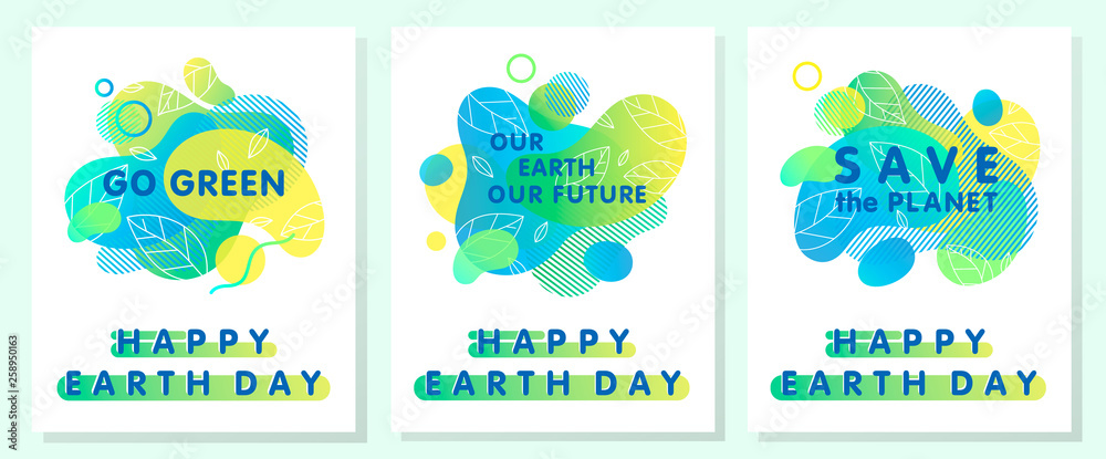 Set of Earth Day posters.Bright liquid shapes,tiny leaves and geometric elements.Creative Earth Day layouts  perfect for prints, flyers,banners design and more.Fluid shapes compositions.Eco concepts.