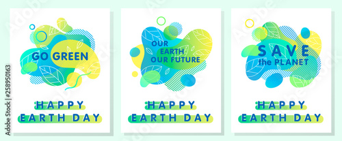 Set of Earth Day posters.Bright liquid shapes,tiny leaves and geometric elements.Creative Earth Day layouts  perfect for prints, flyers,banners design and more.Fluid shapes compositions.Eco concepts.