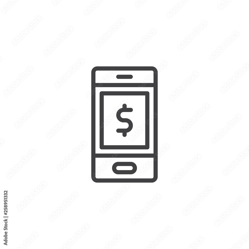 Online Mobile banking app line icon. linear style sign for mobile concept and web design. Phone with dollar outline vector icon. Symbol, logo illustration. Pixel perfect vector graphics Online Mobile banking app line icon. linear style sign for mobile concept and web design. Phone with dollar outline vector icon. Symbol, logo illustration. Pixel perfect vector graphics