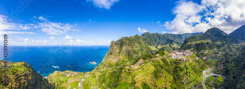 Fototapeta Naklejka Na Ścianę i Meble -  Beautiful mountain landscape of Madeira island, Portugal, on a summer day. Aerial panorama view.