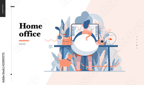 Technology 3 -Home Office - modern flat vector concept digital illustration home office metaphor, a freelancer guy working at home with pets and plants. Creative landing web page design template