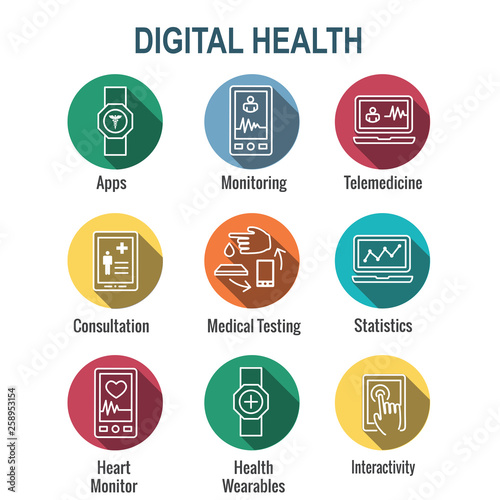 Digital Health Icon Set with Wearable Technology Web Header Banner