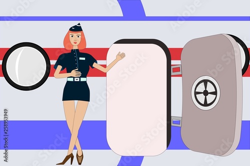 Air lady stewardess invites to flight near the aircraft door. Boarding in plane as a welcome on board  to travel or vacation trip. Flight hostess wears dark uniform and airliner is in light colors