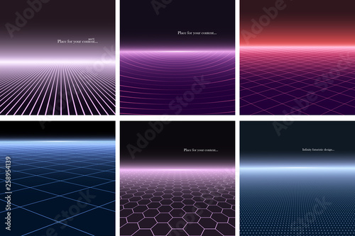 Collection of abstract futuristic backgrounds with vision perspective - retro 1980s style. Digital design 80-90s.