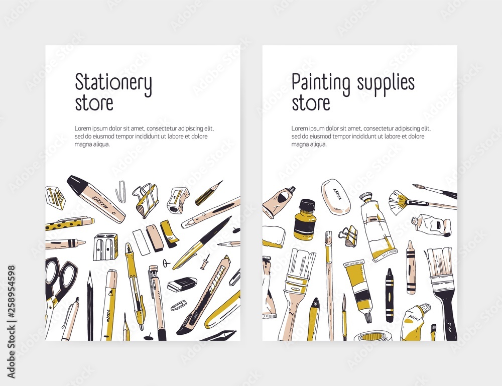 Set of flyer or poster template for stationery store or painting