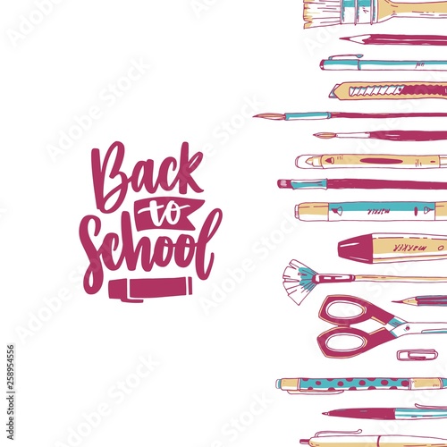 Square banner template with hand drawn stationery, writing utensils, office tools, art supplies and Back To School slogan handwritten with cursive font on white background