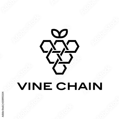 vine wine grape with blockchain logo design concept