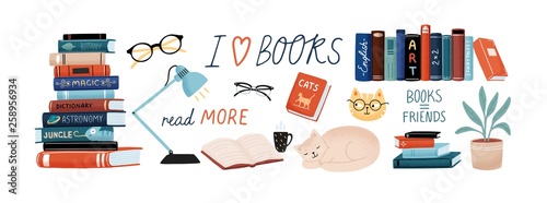 Books and reading set. Textbooks for academic studies, cute cats, houseplant, glasses. Bundle of decorative design elements isolated on white background. Flat cartoon colorful vector illustration.