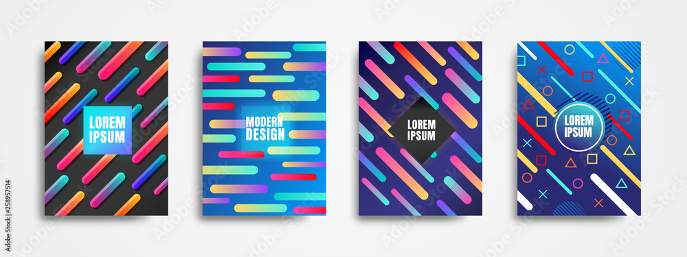 Set of four trendy memphis style covers with dynamic design. Cool Colorful gradient backgrounds, applicable for Covers, Posters, and Banner Designs Set of four trendy memphis style covers with dynamic design. Cool Colorful gradient backgrounds, applicable for Covers, Posters, and Banner Designs