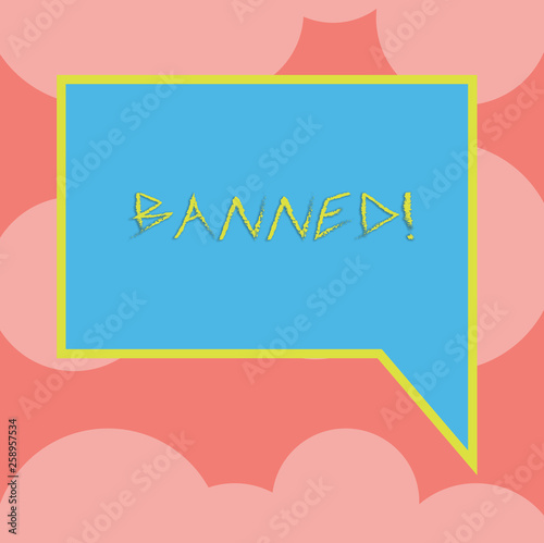Writing note showing Banned. Business concept for Ban steroids  No excuse for building Muscles. Blank Rectangular Color Speech Bubble with Border photo Right Hand