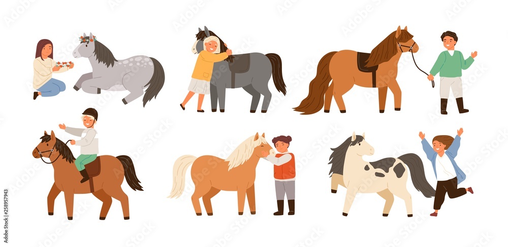 Collection of children and ponies. Set of cute happy boys and girls practicing horseback riding, playing with their domestic animals, caring about them. Flat cartoon colorful vector illustration. Collection of children and ponies. Set of cute happy boys and girls practicing horseback riding, playing with their domestic animals, caring about them. Flat cartoon colorful vector illustration.