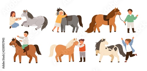 Collection of children and ponies. Set of cute happy boys and girls practicing horseback riding, playing with their domestic animals, caring about them. Flat cartoon colorful vector illustration.