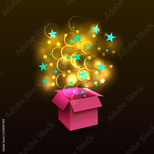 Vector 3D Surprise Box with Shining Golden Magic and Light Blue Textured Stars, Isolated.