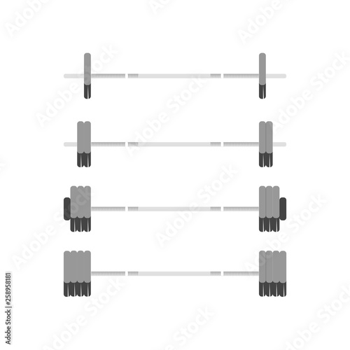 Barbell, isolated on white background, set of barbells. Gym equipment, sport, fitness, weight, lift concept. Vector flat illustration.