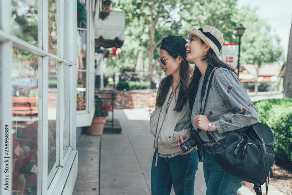 group of asian women tourist standing outside store looking window talking smiling. female travel backpacker with camera in solvang santa barbara denmark town in usa. young girls cheerful shopping. group of asian women tourist standing outside store looking window talking smiling. female travel backpacker with camera in solvang santa barbara denmark town in usa. young girls cheerful shopping.