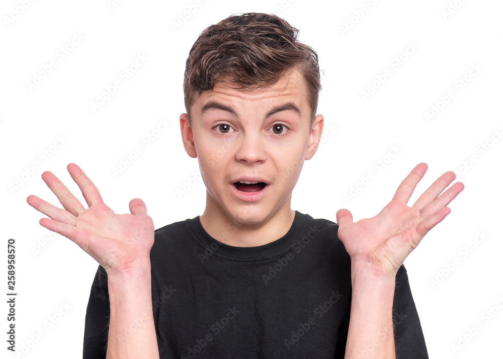 Terrified teen boy screaming, isolated on white background. Funny child looking at camera and shocked. Emotional portrait of caucasian amazed teenager. Handsome surprised boy. Terrified teen boy screaming, isolated on white background. Funny child looking at camera and shocked. Emotional portrait of caucasian amazed teenager. Handsome surprised boy.
