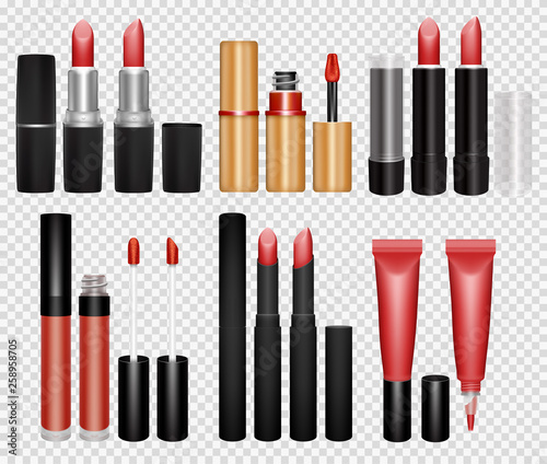 Realistic lipstick and lip gloss collection on transparent background