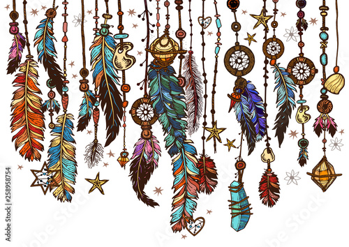 Background border with feathers and crystals