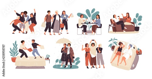 Bundle of young women or girl friends spending time together - drinking tea at cafe, walking with umbrella, pillow fighting, shopping, taking selfie. Cute cartoon characters. Flat vector illustration. photo