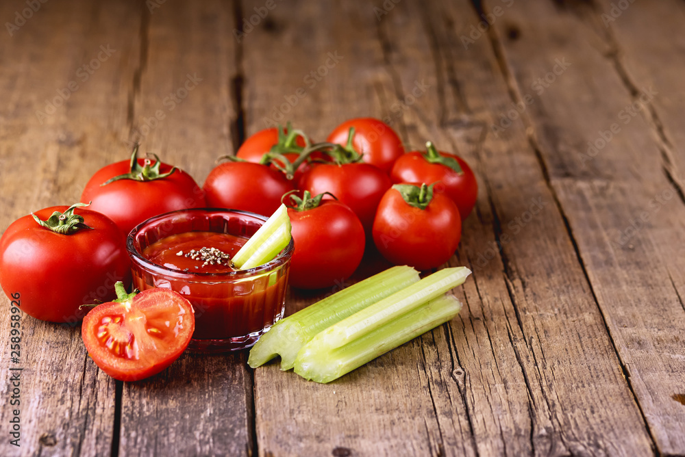 Bowl of Tomato Celery Sauce on Wooden Background Fresh Celery and Tomatoes Bowl of Tomato Celery Sauce on Wooden Background Fresh Celery and Tomatoes