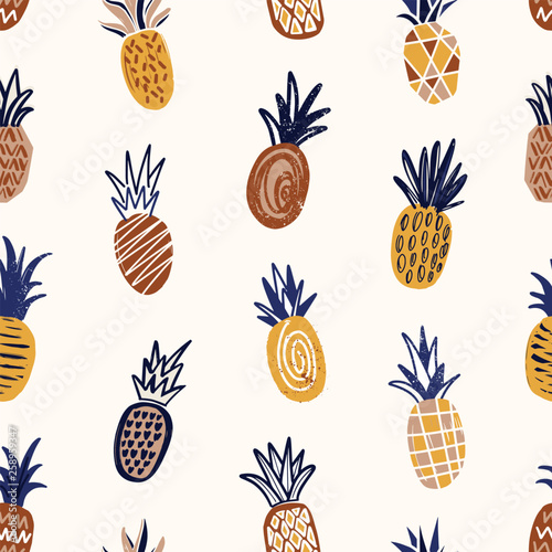 Trendy seamless pattern with textured pineapples on light background