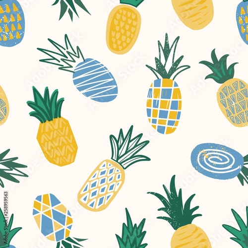 Decorative seamless pattern with textured pineapples on light background. Bac...