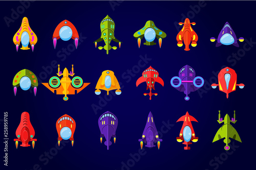 Fantastic spaceships set, ufo and rockets in space vector Illustration