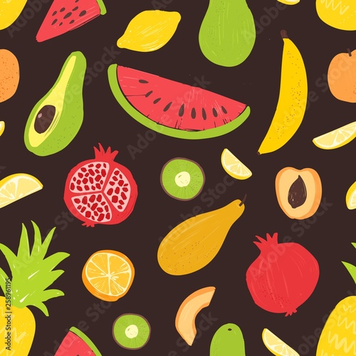 Summer seamless pattern with tropical organic ripe fruits on black background...