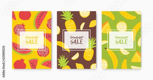Collection of flyer, poster or card templates for Summer Sale decorated by tropical exotic ripe fresh sweet organic fruits. Flat seasonal colorful vector illustration for advertisement, promotion.
