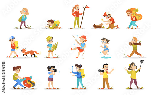 Children camping set. Collection of kids walking