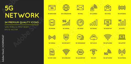 Simple line stroke vector icon set,new 5th generation mobile network 5G, high speed connection wireless systems.
