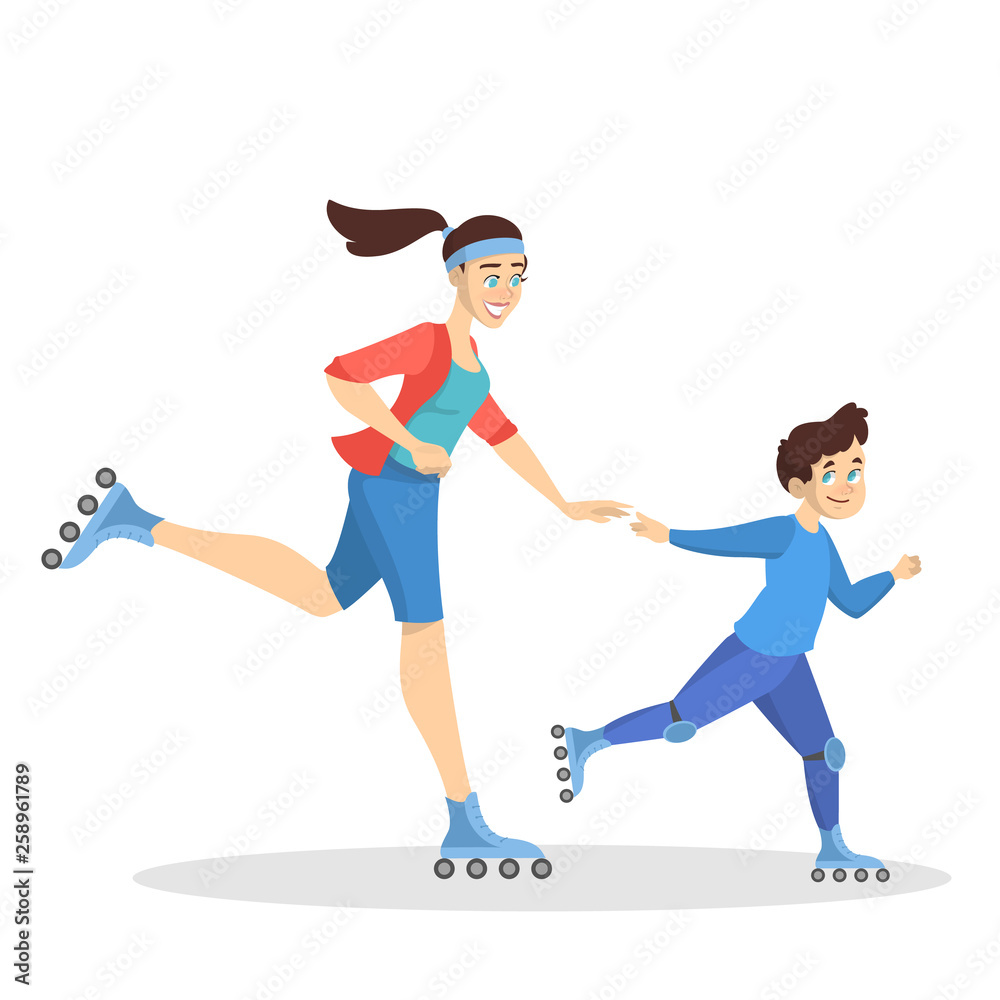Family is rollerskating. Summer outdoor activity. Mother Family is rollerskating. Summer outdoor activity. Mother