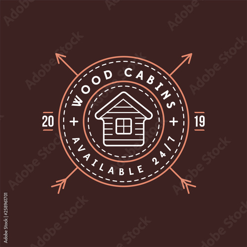 Vector illustration Vintage logo with Wooden cabin. Retro print design, stamp. T-shirts, Poster Design.