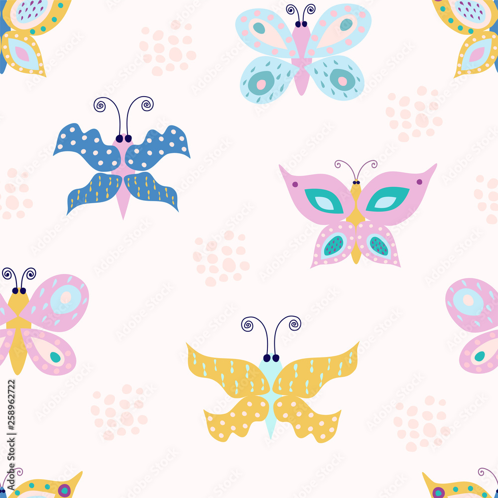 Romantic seamless pattern with stylish butterflies.  Cartoon butterflies vector illustration in scandinavian style. Great for fabric, textile.
