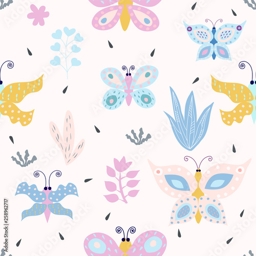 Romantic seamless pattern with stylish flowers and butterflies.  Cartoon flowers and butterflies vector illustration in scandinavian style. Great for fabric  textile.