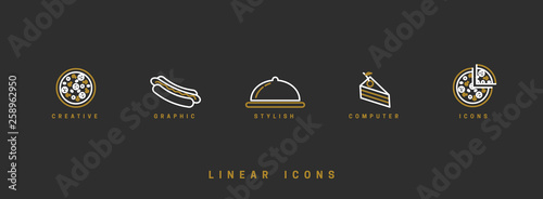 Food icons in linear style. icon pizza, hot dog, dessert dish vector graphic