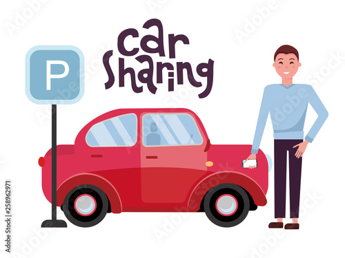 Young man with mobile phone rents a car in the parking lot online. New red car stands at the parking sign. Carsharing concent with lettering quote. Vector flat cartoon illustration with lettering.