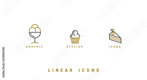 Food icons in linear style. icon sweet desserts, ice cream, cocktail drink, cake vector graphic.