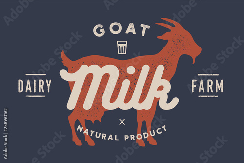 Milk, goat. Logo with goat silhouette, text Milk, Dairy farm