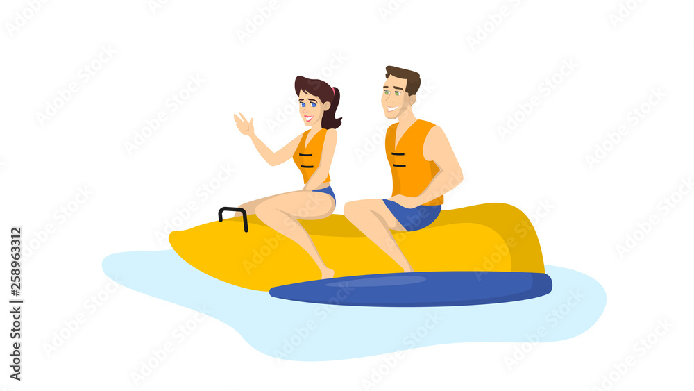 Couple sitting on the rubber boat. Summer outdoor